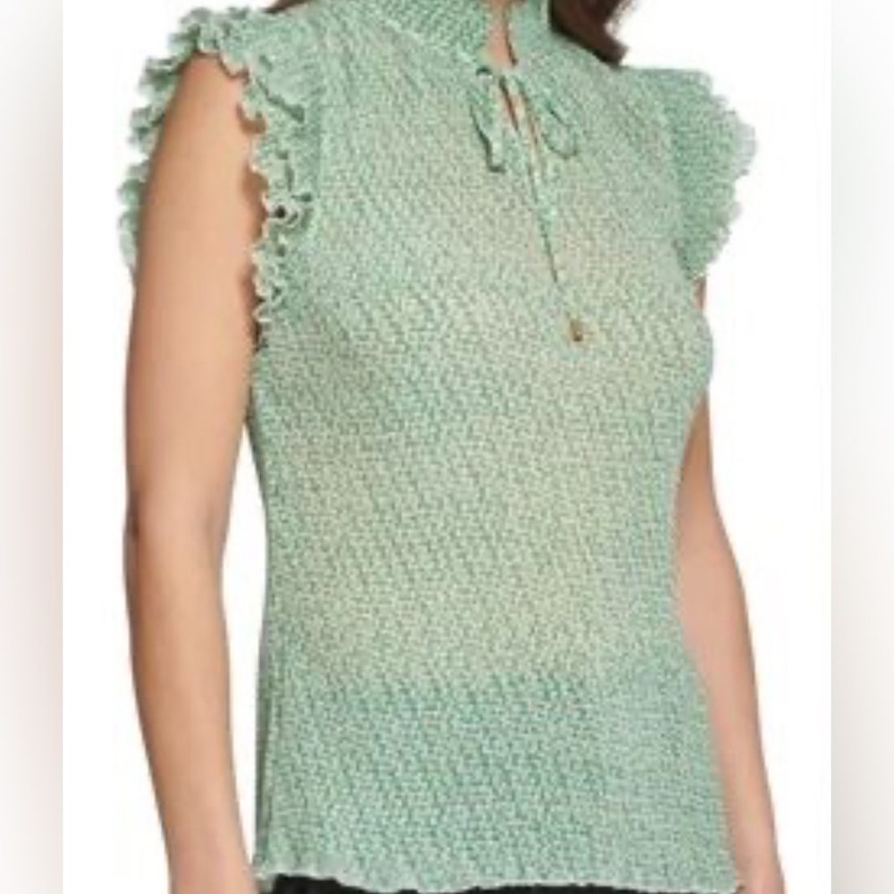 NWT DKNY Green Metallic Crinkle Ruffle Cap Sleeve Top M